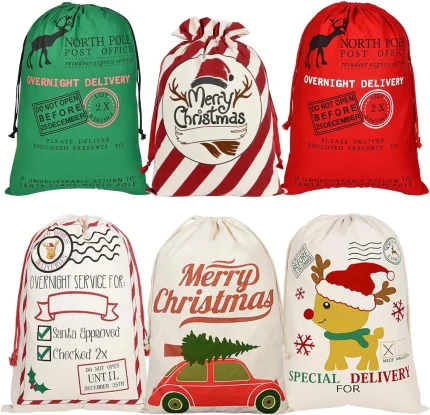 Christmas Gift Large Organic Heavy Canvas Drawstring Bag With Reindeers Santa Claus Sack Bags for kids 908